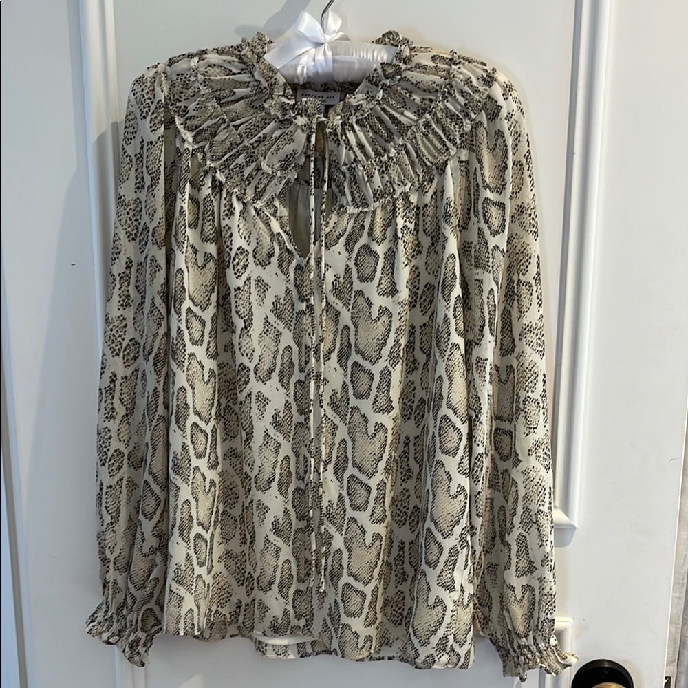 Current Air Cream and Brown Ruffled Blouse with Bib Collar